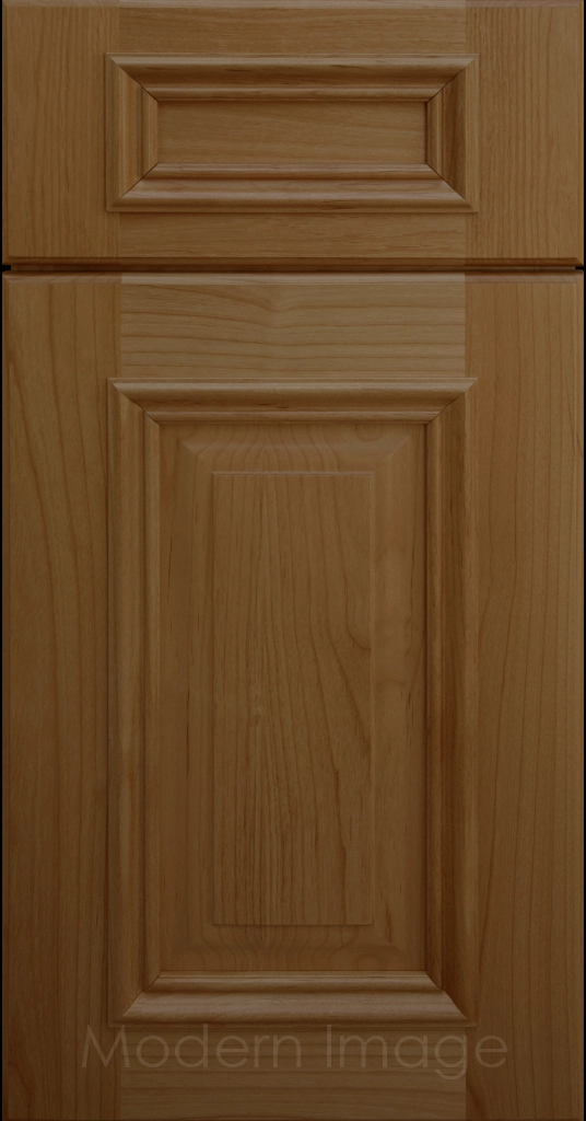 Brown stained Hamilton cabinet door with a double raised panel and mitered elevated molding.